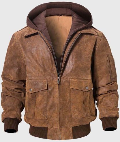 Best Men’s Brown Hooded Bomber Leather Jacket – Rugged Style & All-Season Comfort