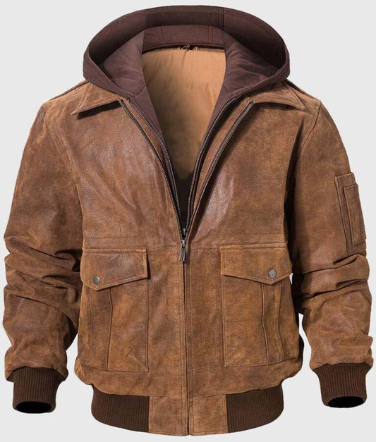 Best Men’s Brown Hooded Bomber Leather Jacket – Rugged Style & All-Season Comfort