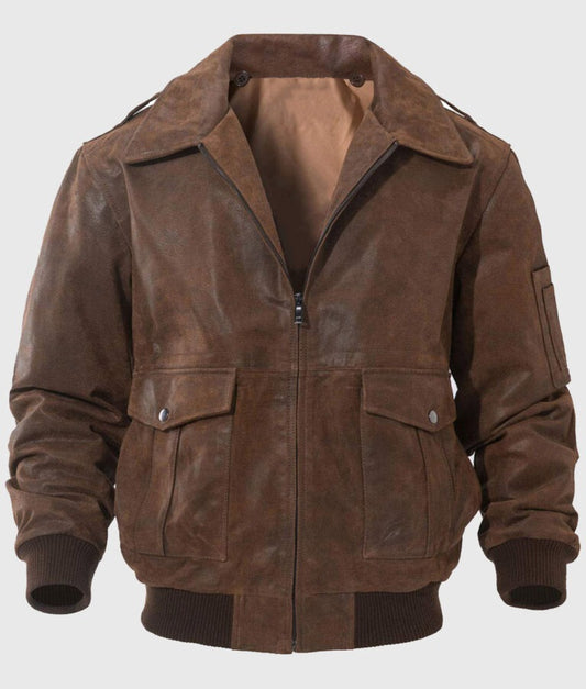 Keller Men’s Classic Brown MA-2 Bomber Leather Jacket