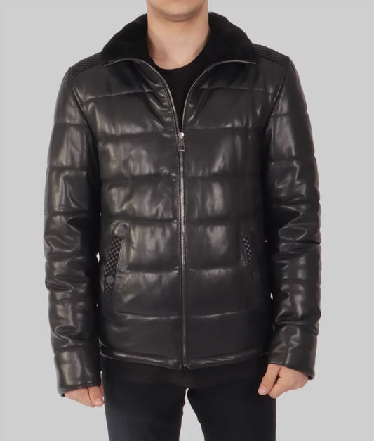 Kent Men’s Black Leather Puffer Jacket – Premium Insulated Streetwear