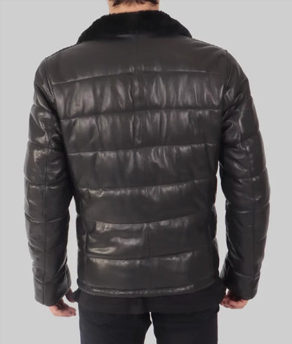 Kent Men’s Black Leather Puffer Jacket – Premium Insulated Streetwear