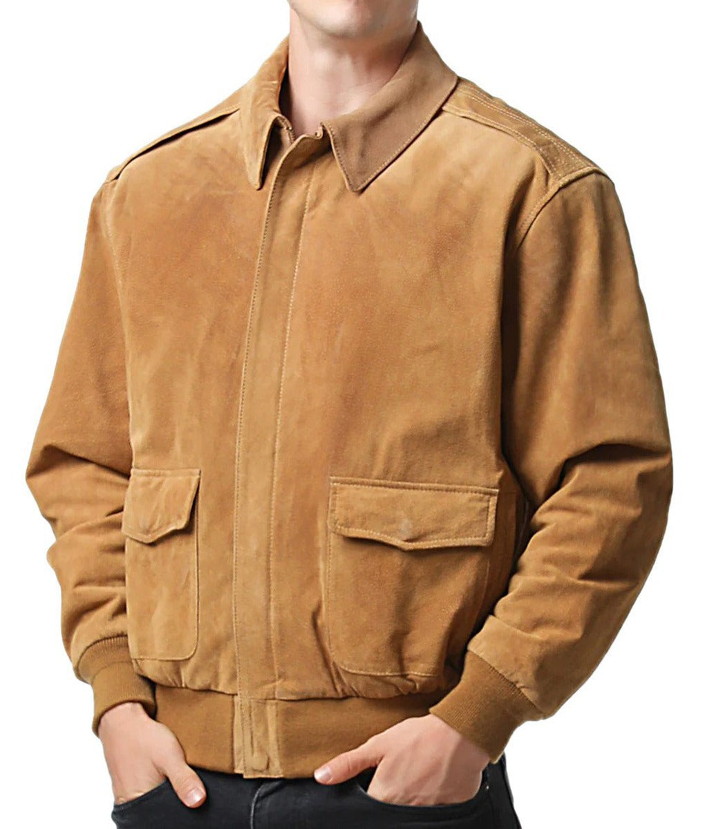 Khai Men’s Caramel Suede RAF A2 Flight Bomber Jacket