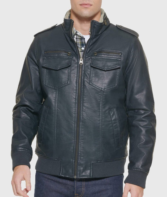 Kin Men’s Navy Blue Bomber Leather Jacket