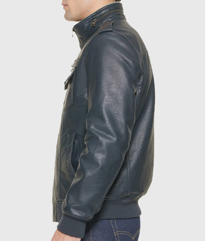 Kin Men’s Navy Blue Bomber Leather Jacket