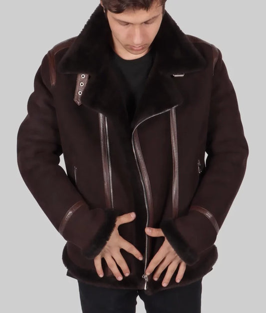 Kitts Men’s Brown B-3 Shearling Bomber Leather Jacket