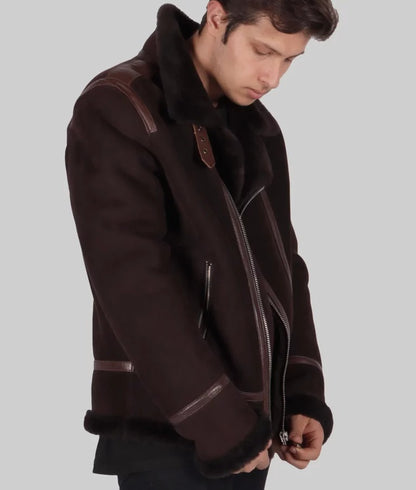 Kitts Men’s Brown B-3 Shearling Bomber Leather Jacket