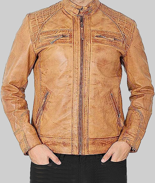 Knox Men’s Brown Quilted Retro Cafe Racer Leather Jacket