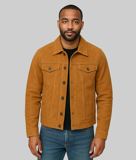 Koen Men’s Brown Suede Long Sleeve Trucker Jacket

