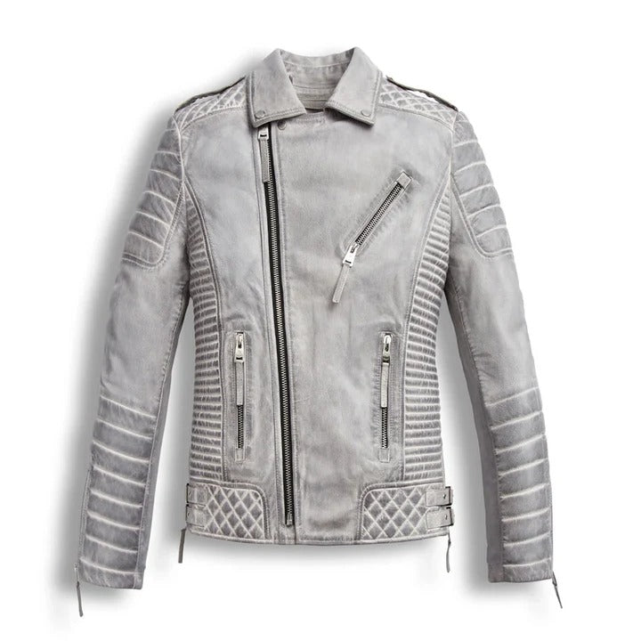 Chrome White Waxed Biker Leather Motorcycle Jacket