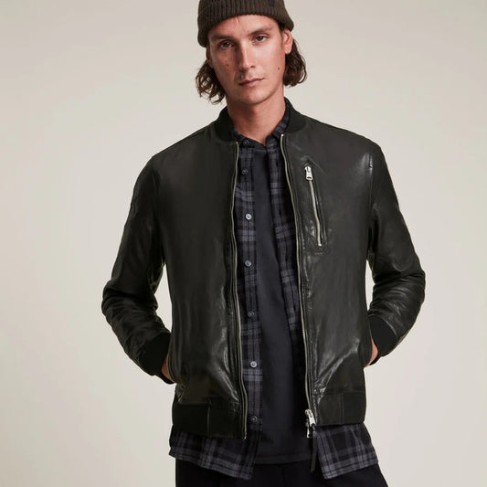 Men’s Classic Black Leather Bomber Jacket
