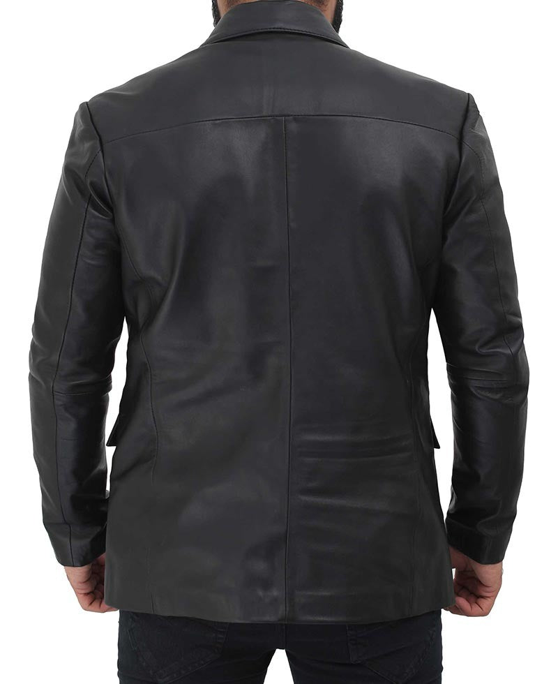 Two Button Notch Lapel Men's Black Leather Blazer - Sleek Formal Style