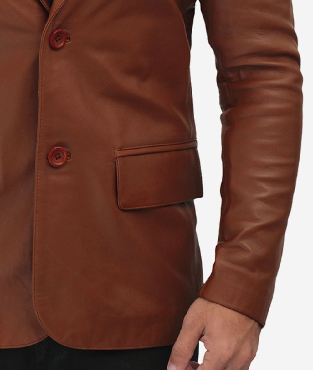 Men's Premium Two Button Cognac Leather Blazer - Refined Elegance