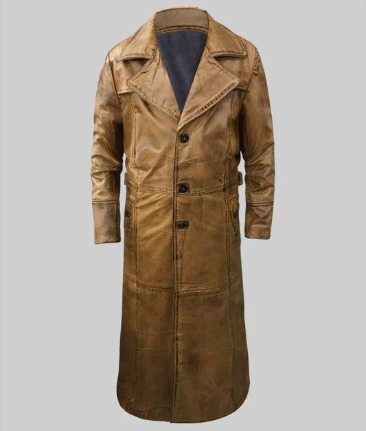 Lee Men’s Distressed Brown Long Leather Trench Coat