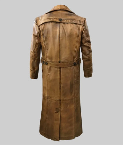 Lee Men’s Distressed Brown Long Leather Trench Coat