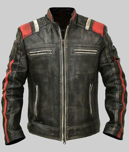 Liam Men’s Black Distressed Ribbed Striped Cafe Racer Leather Jacket