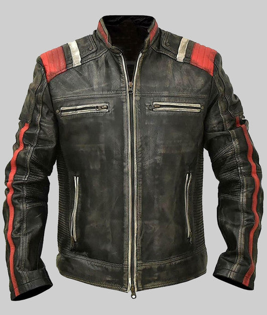 Liam Men’s Black Distressed Ribbed Striped Cafe Racer Leather Jacket