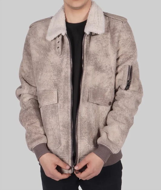 Lint Men’s Distressed Brown Aviator Suede Leather Jacket