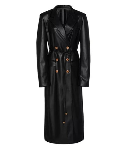 Liora Women’s Long Black Genuine Leather Trench Coat