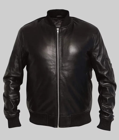 Litt Men’s Black MA-1 Sheepskin Leather Flight Bomber Jacket