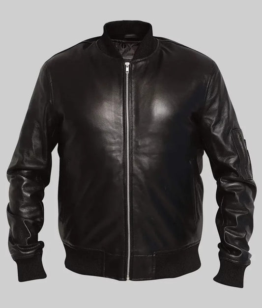 Litt Men’s Black MA-1 Sheepskin Leather Flight Bomber Jacket