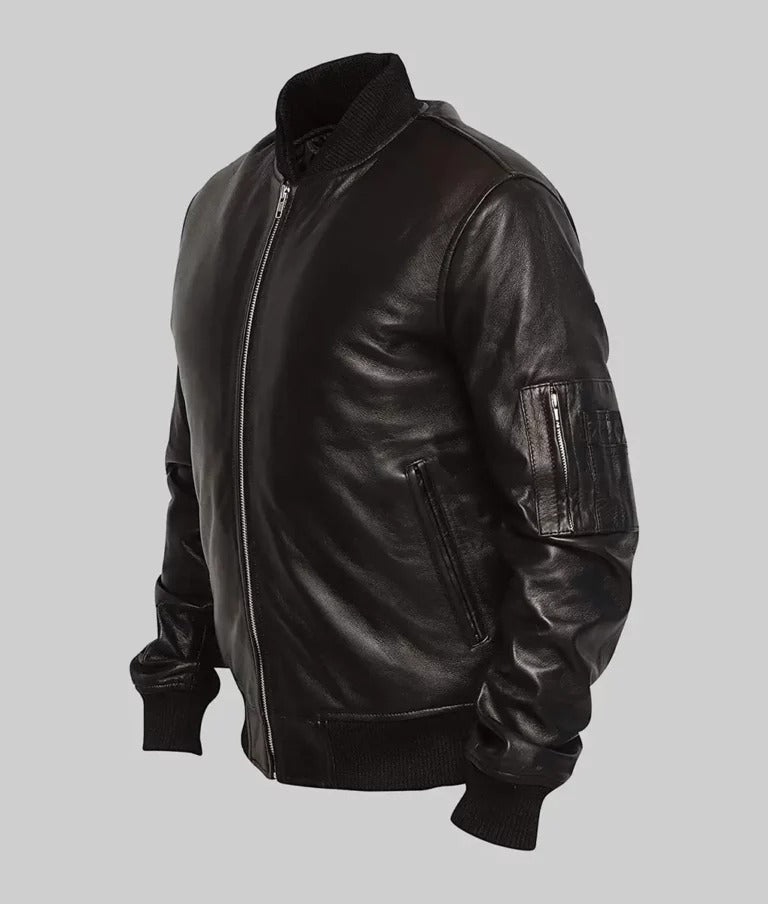 Litt Men’s Black MA-1 Sheepskin Leather Flight Bomber Jacket