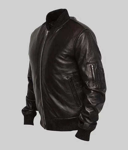 Litt Men’s Black MA-1 Sheepskin Leather Flight Bomber Jacket
