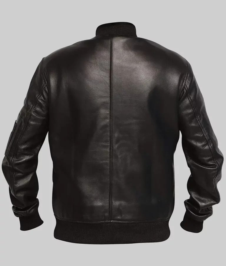 Litt Men’s Black MA-1 Sheepskin Leather Flight Bomber Jacket