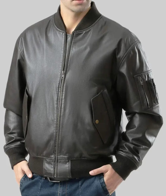 Major Men’s Black MA-1 Sheepskin Leather Flight Bomber Jacket