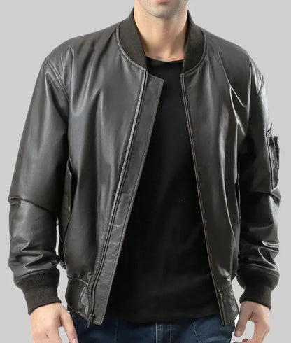Major Men’s Black MA-1 Sheepskin Leather Flight Bomber Jacket