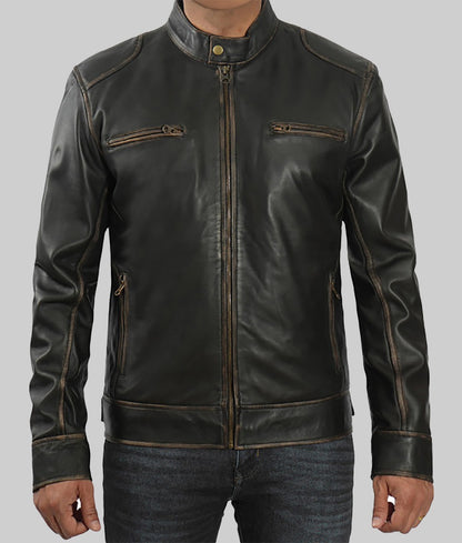 Marlon Men’s Dark Brown Distressed Cafe Racer Leather Jacket