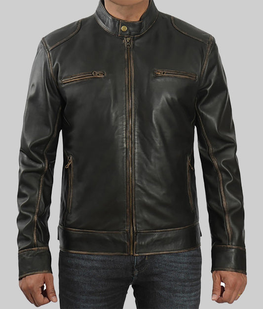 Marlon Men’s Dark Brown Distressed Cafe Racer Leather Jacket
