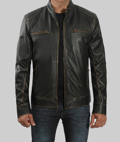 Marlon Men’s Dark Brown Distressed Cafe Racer Leather Jacket