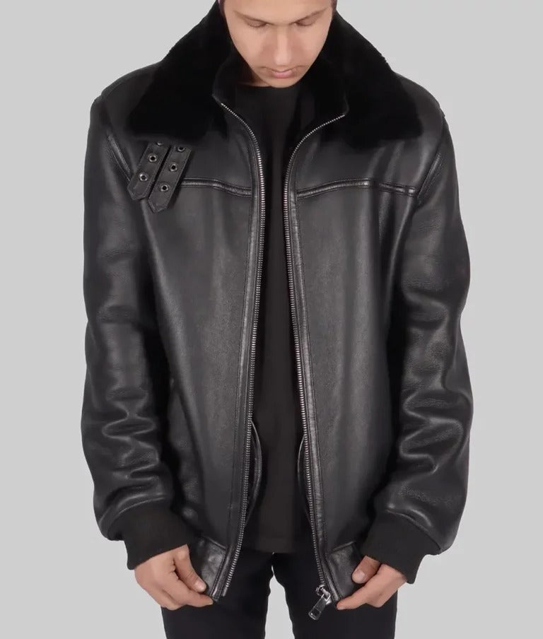 Max Men's Sleek Black Leather Bomber Jacket