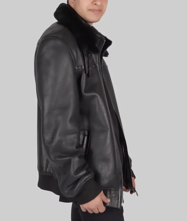Max Men's Sleek Black Leather Bomber Jacket