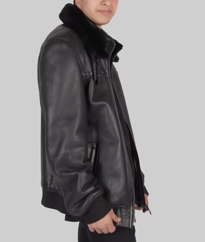 Max Men's Sleek Black Leather Bomber Jacket