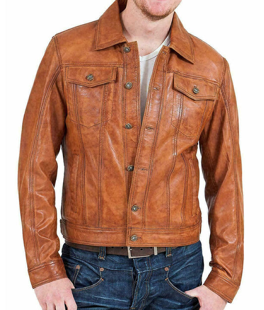 Max Men’s Brown Distressed Leather Fitted Trucker Jacket