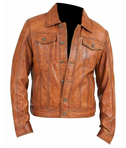 Max Men’s Brown Distressed Leather Fitted Trucker Jacket