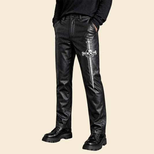 Men Black Genuine Leather Gothic Pants With Skull Dagger Embroidery