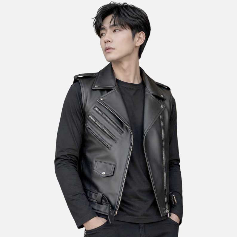 New black leather biker vest for men with asymmetrical zip closure by Glory Store US