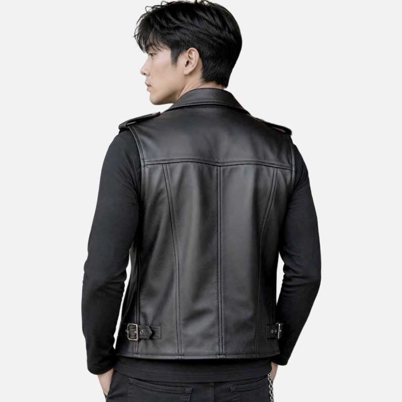 Best black leather biker vest for sale featuring wide lapel collar and decorative front zips by Glory Store US