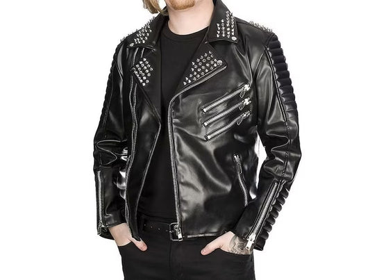 Men's Black Leather Studded and Spiked Jacket - Rock Punk Emo