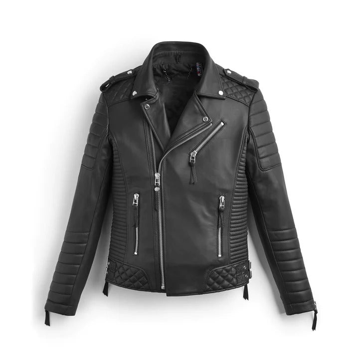 Men Black Quilted Biker Leather Jacket