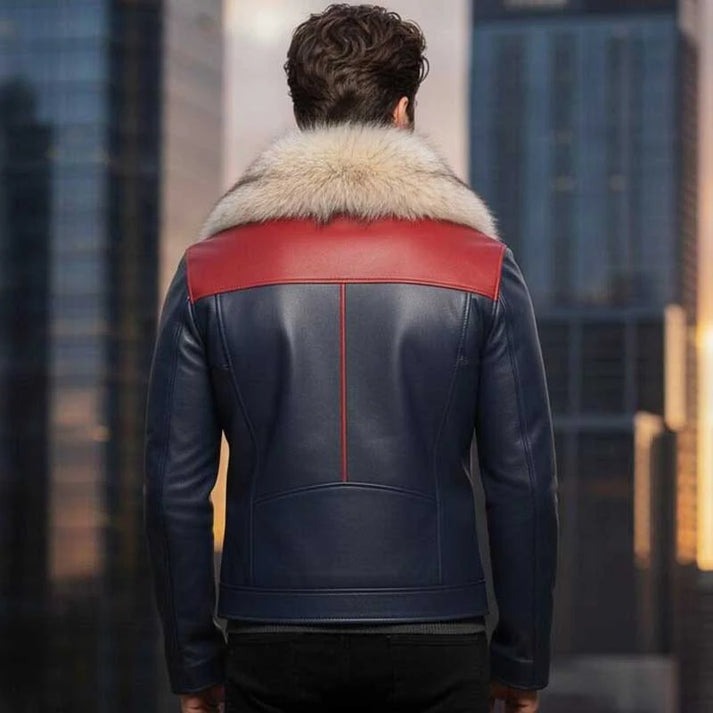 Men Blue Shearling Leather Jacket With Fox Fur Collar