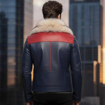 Men Blue Shearling Leather Jacket With Fox Fur Collar