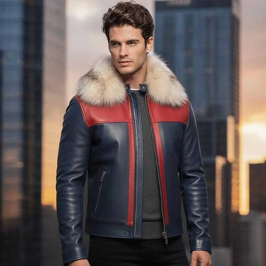 Men Blue Shearling Leather Jacket With Fox Fur Collar