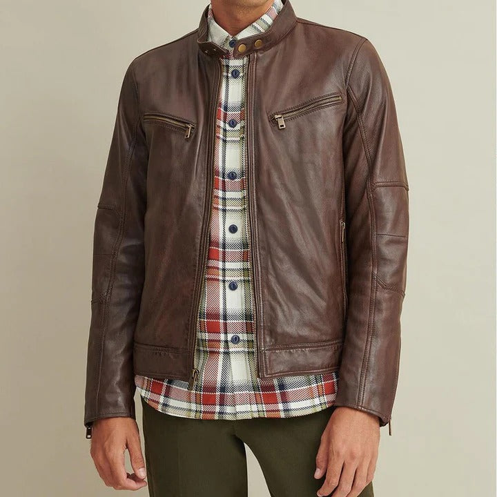 Men Brown Leather Moto Biker Jacket