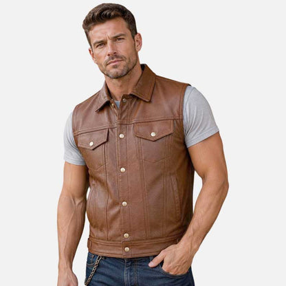 New brown leather vest for men with shirt style collar and snap button front by Glory Store US