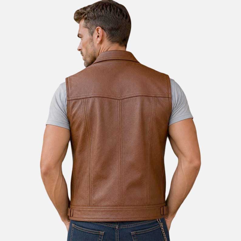 Best brown leather vest for sale featuring adjustable waist straps and flap chest pockets by Glory Store US