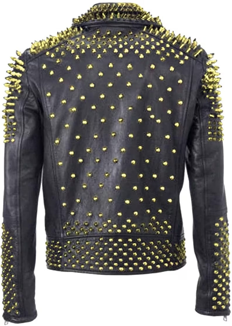 Men's Golden Biker Brando Punk Full Black Gold Studded Leather Jacket - Rock Star Style