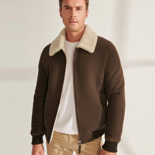 Men’s Khaki Brown Shearling Leather Bomber Jacket